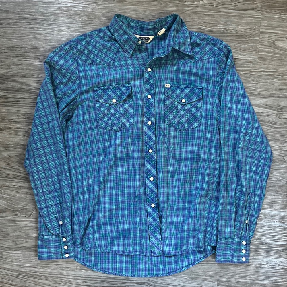 Salt Valley Western Mens Blue Green Plaid Pearl Snap Long Sleeve Shirt Large
